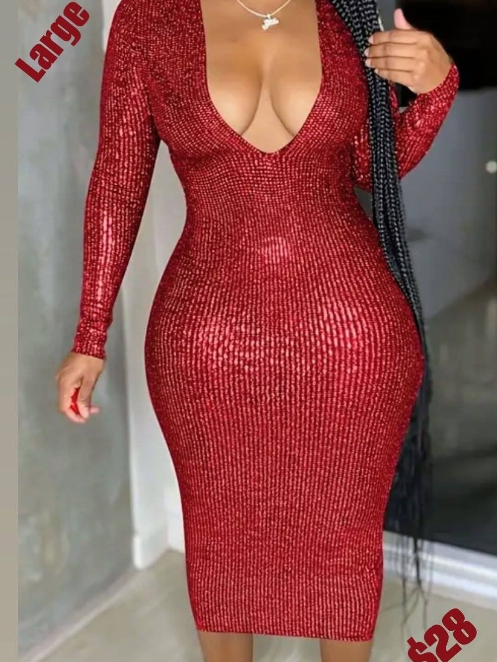 Women’s Red Sequin Deep V Midi Dress